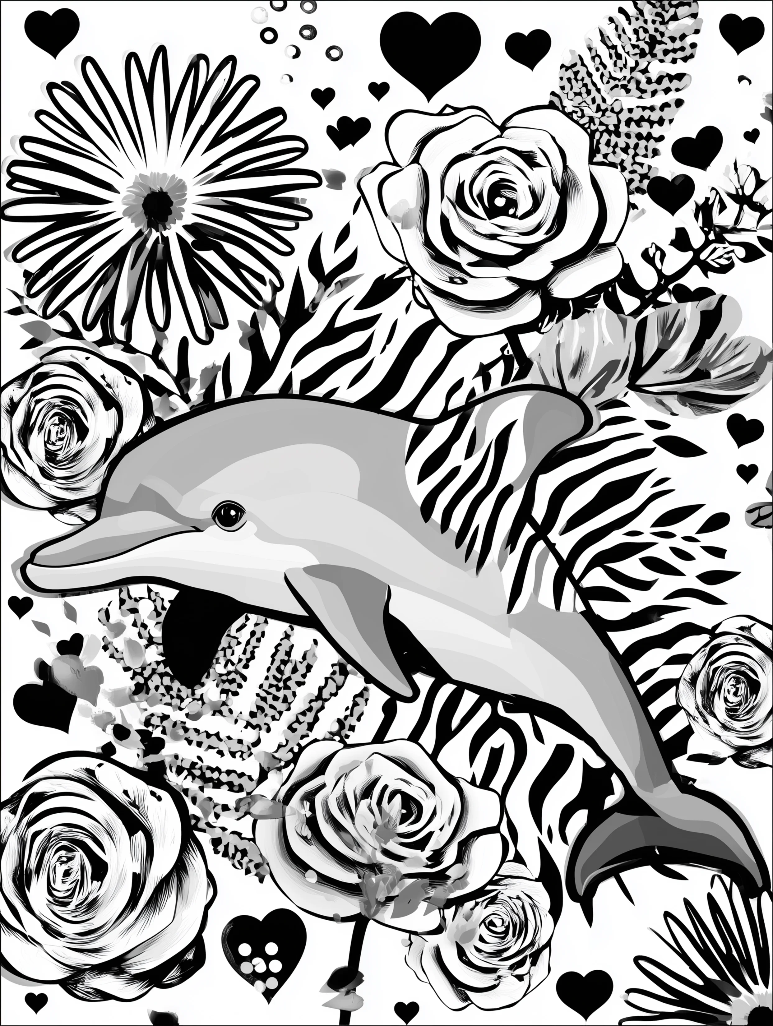 Free printable zoo coloring sheet featuring a dolphin with textured details
